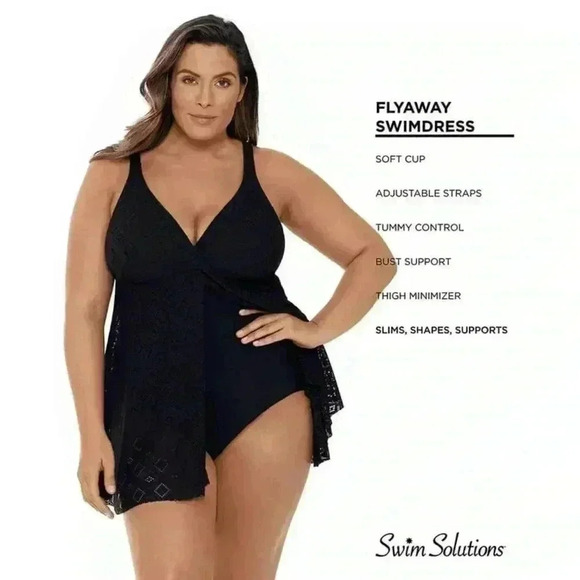 NWT Swim Solutions CROCHET BLACK Flyaway Tummy Control Swimdress Macys size 14 - Picture 2 of 11